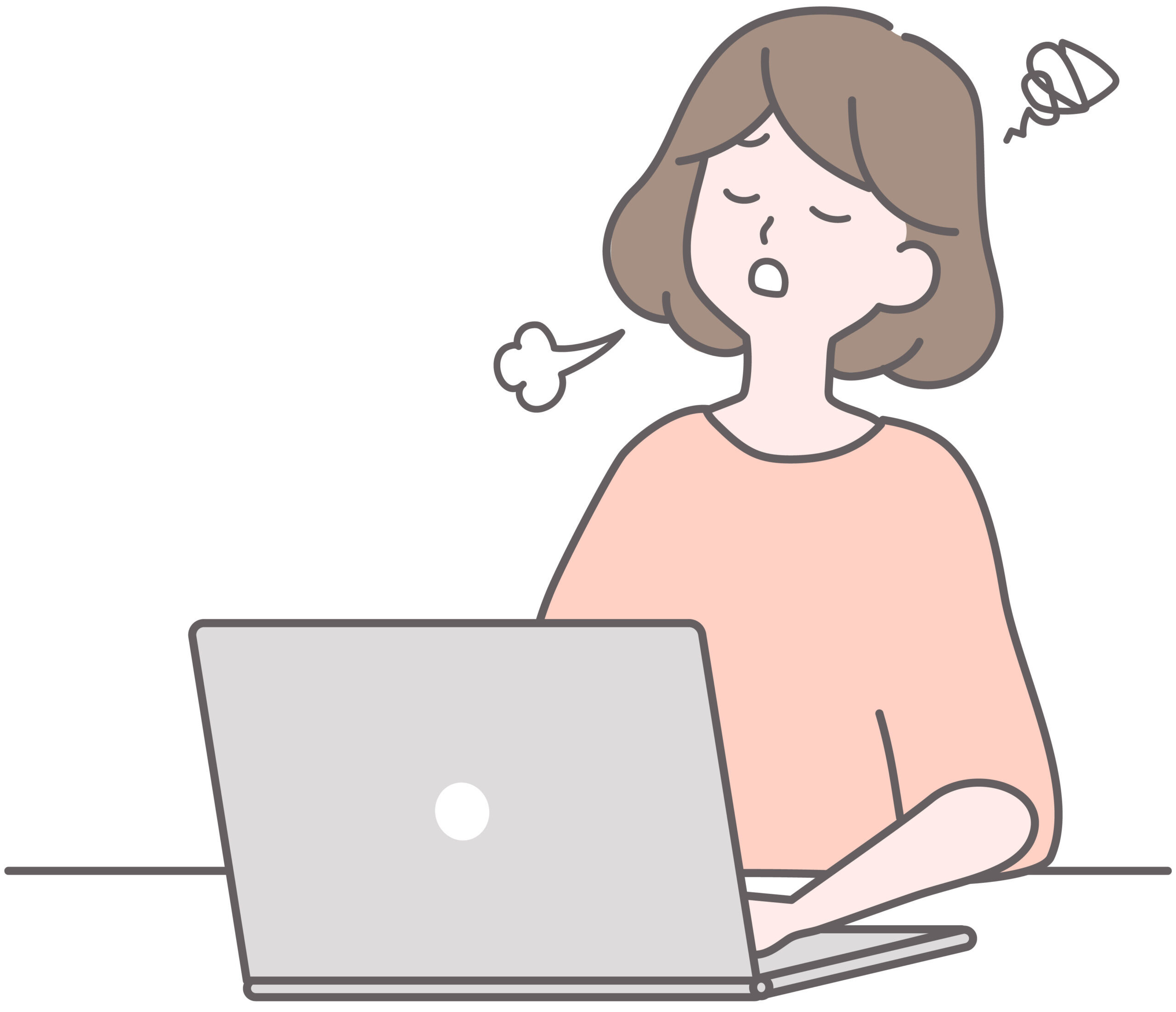 中途解約が難しいことに対してフラストレーションを感じている女性が、ノートパソコンの前でため息をついている様子。
