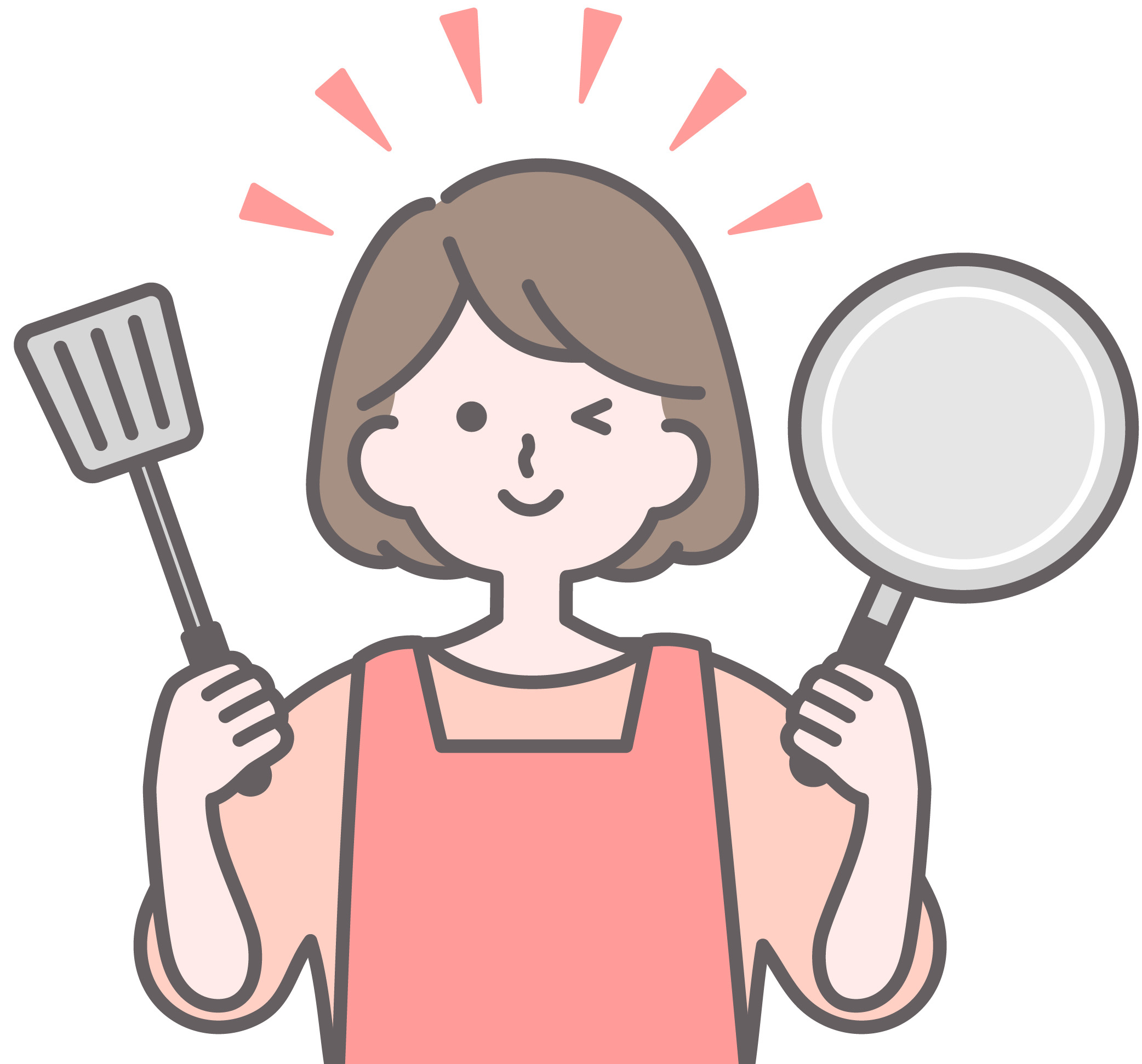 イラスト: フライパンとスパチュラを持って家計管理のしやすさを象徴するウィンクした女性。定額制の便利さを強調したイメージです。