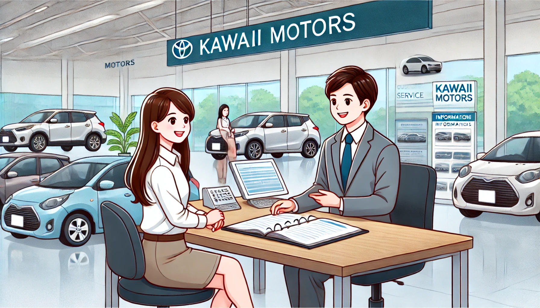 川井モータースの店舗でお客様とスタッフが相談するイラスト