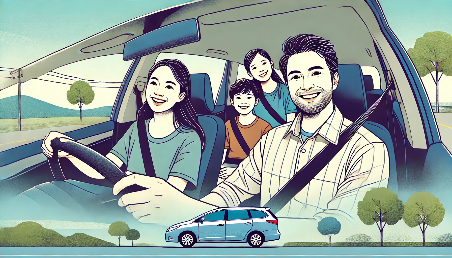 岩国市でカーリースを終えて愛車を買い取る家族が笑顔で運転する様子