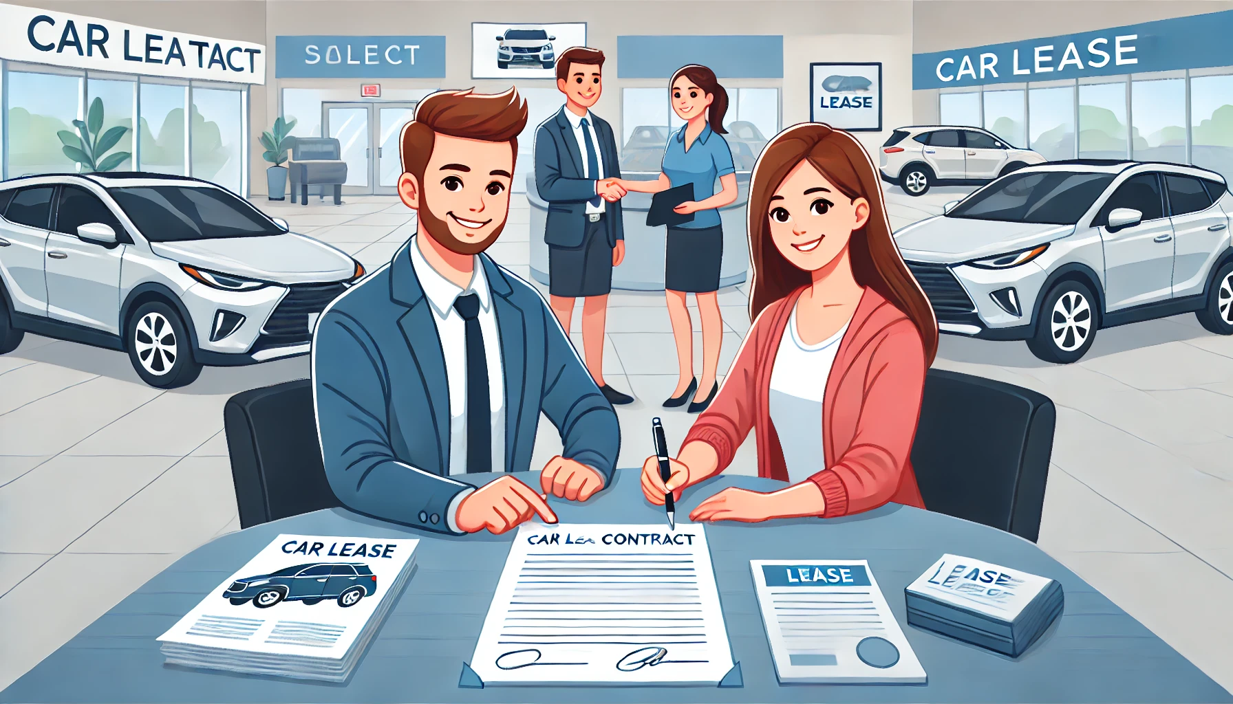 契約手続きを行い、リース車両を受け取る若いカップルのイラスト
