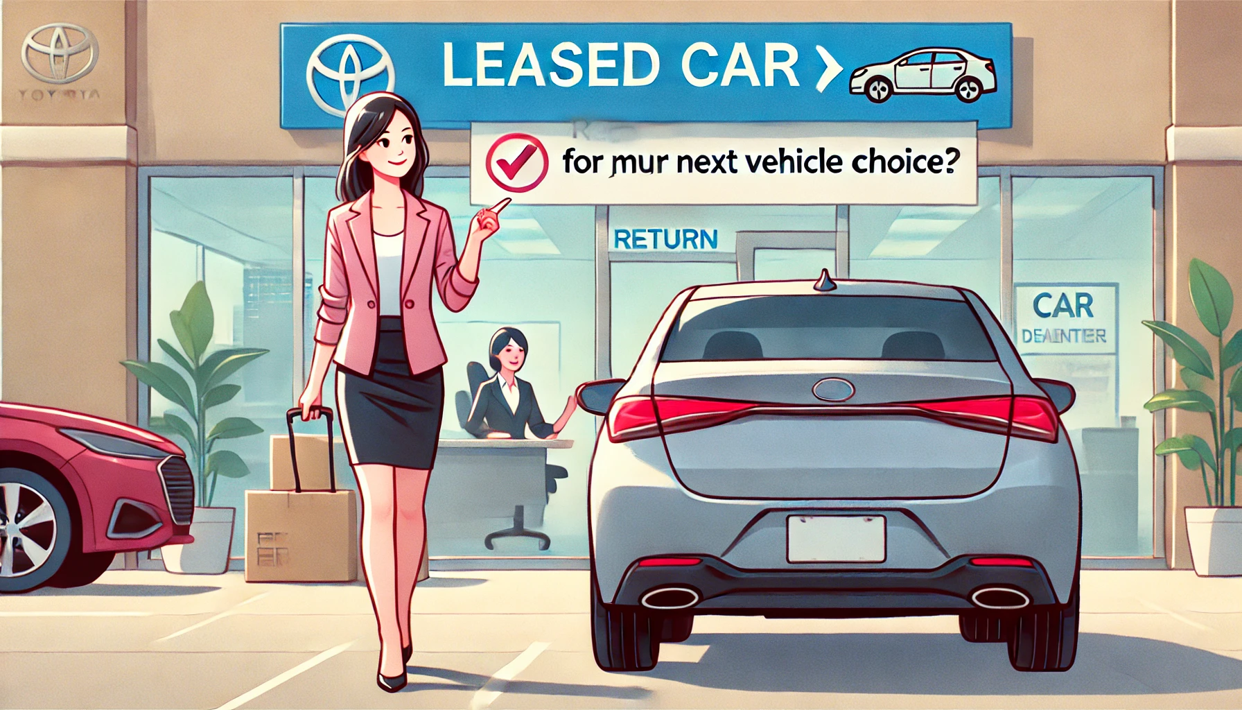 岩国市でカーリースの車を返却し、次の車選びに期待する女性