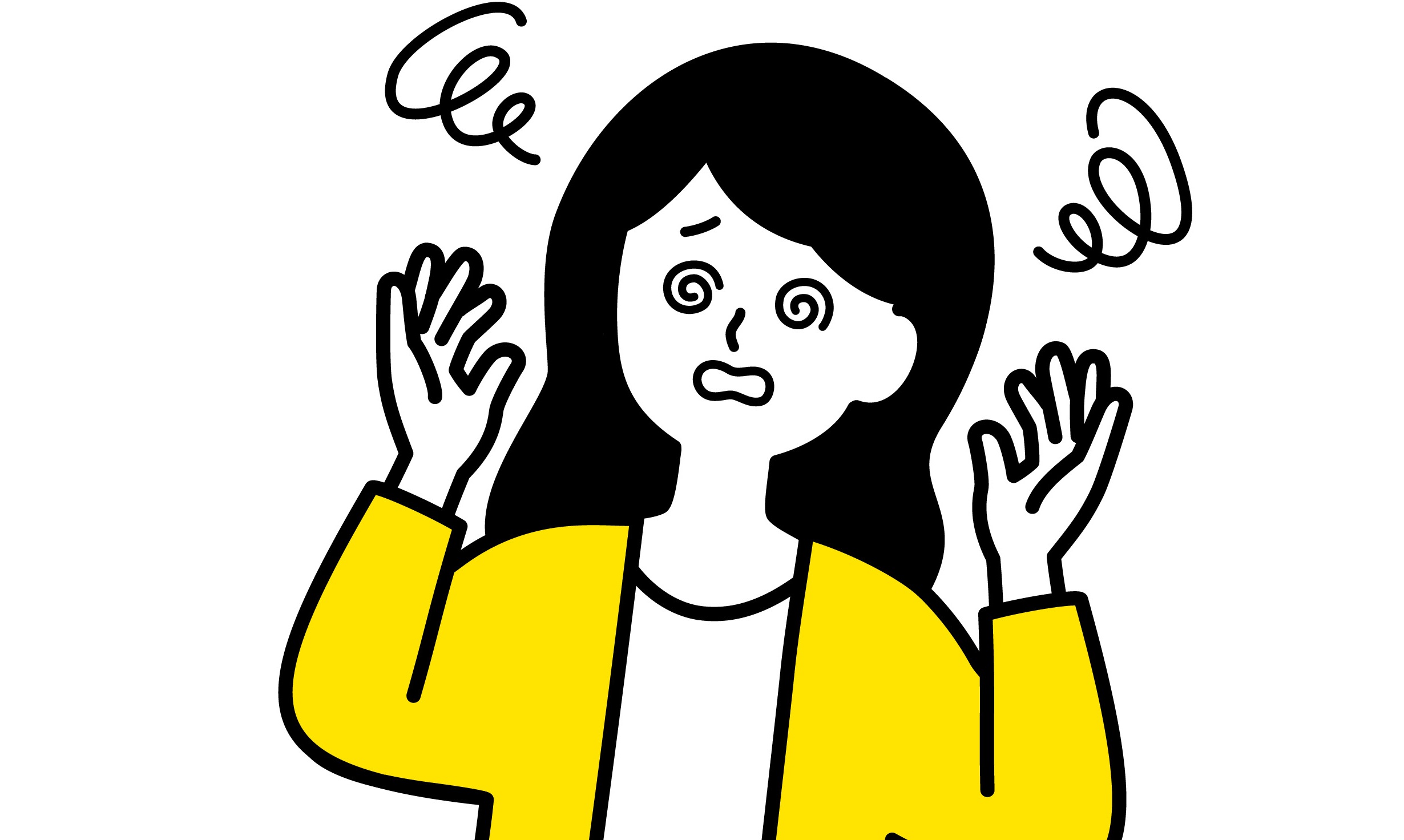 走行距離制限に対する不安を感じている女性。目がぐるぐるしている様子が表現されています。