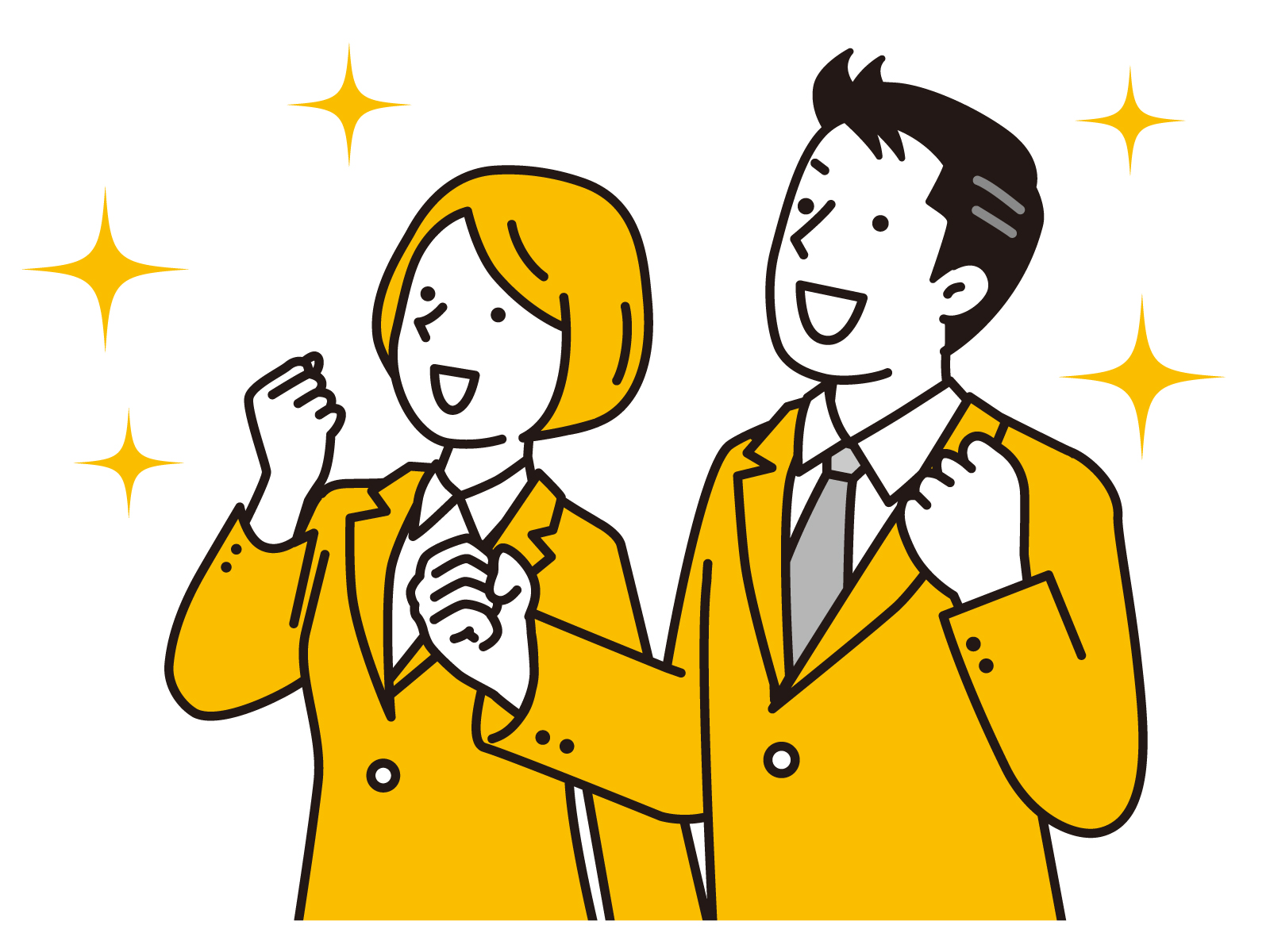 イラスト: 初期費用なしで中古車リースが利用できることに喜んでいる男女が描かれています。二人は喜びの表情を見せており、背景には輝く星が配置されています。