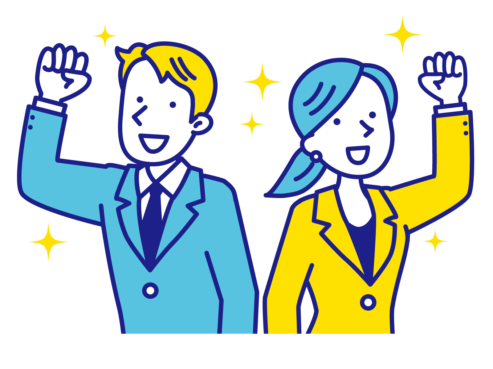 イラスト: 早期の納車が可能であることに喜んでいる男女が描かれています。二人は腕を上げ、笑顔を見せており、背景には輝く星が配置されています。