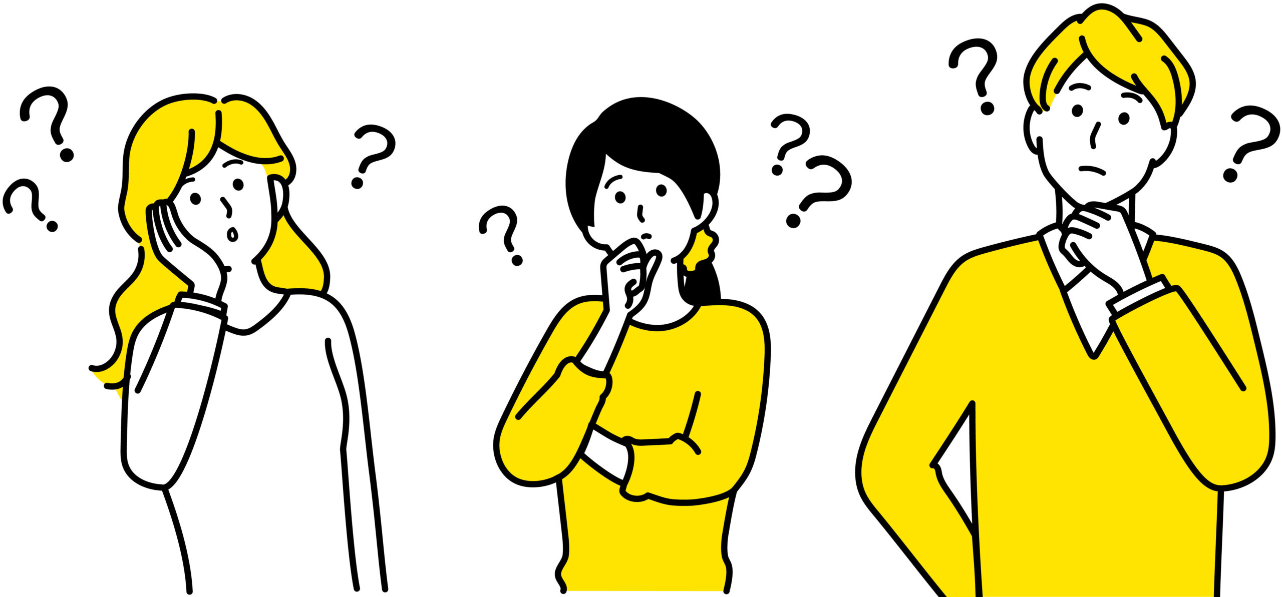 イラスト: 中古車のカーリースについて疑問を持っている3人の男女が描かれており、頭の上にクエスチョンマークが浮かんでいます。