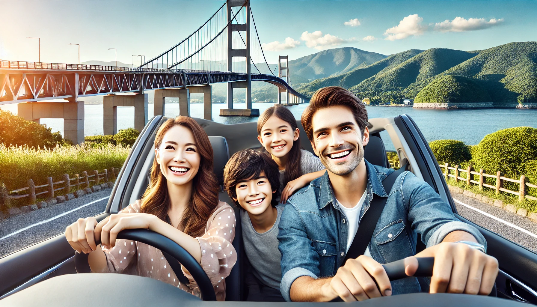 岩国市の錦帯橋を背景に、リース車両でドライブを楽しむ家族のイラスト